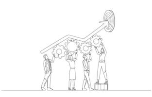 Continuous one line drawing of business people connecting cogwheels to make arrow reach target, managing team workflow to achieve goal concept, single line art. vector