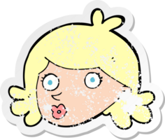 retro distressed sticker of a cartoon pretty face png