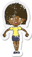 retro distressed sticker of a cartoon happy woman png