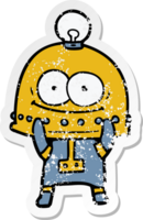 distressed sticker of a happy carton robot with light bulb png