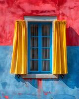 A minimalist illustration of window on the exterior of a building and a wall that plays with bold color contrast. between yellow blue and red Suitable for attracting attention, Communicate a message. photo