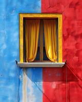 un minimalista ilustración de ventana en el exterior de un edificio y un pared ese obras de teatro con negrita color contraste. Entre amarillo azul y rojo adecuado para atrayendo atención, comunicar un mensaje. foto