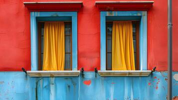 A minimalist illustration of window on the exterior of a building and a wall that plays with bold color contrast. between yellow blue and red Suitable for attracting attention, Communicate a message. photo