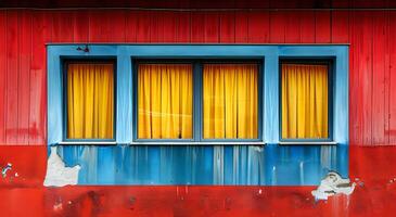 un minimalista ilustración de ventana en el exterior de un edificio y un pared ese obras de teatro con negrita color contraste. Entre amarillo azul y rojo adecuado para atrayendo atención, comunicar un mensaje. foto