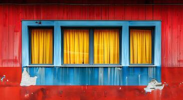 A minimalist illustration of window on the exterior of a building and a wall that plays with bold color contrast. between yellow blue and red Suitable for attracting attention, Communicate a message. photo