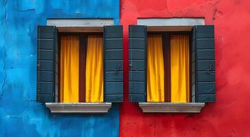 un minimalista ilustración de ventana en el exterior de un edificio y un pared ese obras de teatro con negrita color contraste. Entre amarillo azul y rojo adecuado para atrayendo atención, comunicar un mensaje. foto