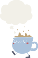 dessin animé café tasse en marchant avec pensée bulle dans rétro style png