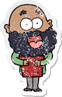 distressed sticker of a cartoon crazy happy man with beard and book png