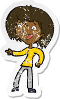 retro distressed sticker of a cartoon woman laughing and pointing png