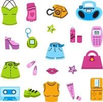 Set of stickers in style of 2000s. Clothing, cosmetics and electronics. collection of elements. vector