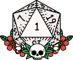 Retro Tattoo Style natural one dice roll with floral elements png