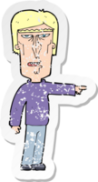 retro distressed sticker of a cartoon pointing man png