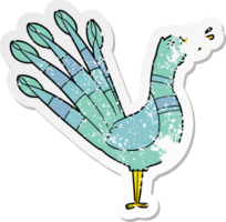 distressed sticker of a cartoon crowing peacock png