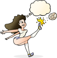 cartone animato femmina calcio giocatore calciando palla con pensato bolla png