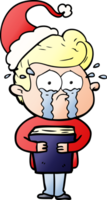 hand drawn gradient cartoon of a crying man holding book wearing santa hat png