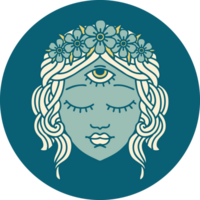 ikonisches Tattoo-Stil-Bild des weiblichen Gesichts mit drittem Auge und Blumenkrone png