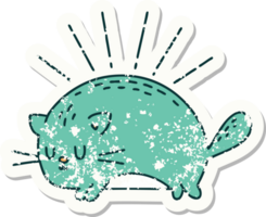 worn old sticker of a tattoo style happy cat png