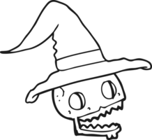 hand drawn black and white cartoon skulll wearing witch hat png