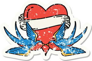 distressed sticker tattoo in traditional style of swallows and a heart with banner png