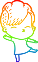 rainbow gradient line drawing of a cartoon squinting girl png