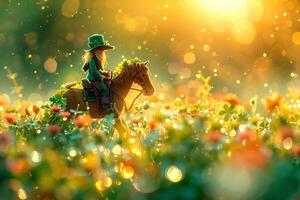 Leprechaun riding a shamrock-decorated horse through a field of clovers, embodying the playful and mischievous spirit of St. Patrick's Day photo