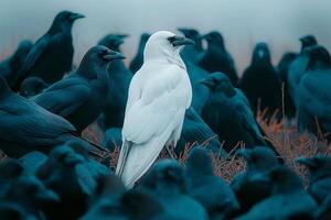 One white crow sitting among ordinary black crows. Albino concept photo