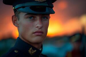 un soldado en un militar uniforme soportes a atención en frente de un maravilloso atardecer, con un solemne expresión en su rostro, independencia día festividades foto