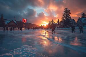 hockey juego jugado al aire libre en un improvisado pista, capturar el espíritu de canadá nacional deporte. foto