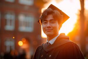 joven asiático hombre en negro vestido y graduación gorra en frente de Universidad a puesta de sol ligero foto