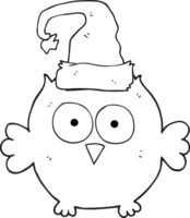 hand drawn black and white cartoon owl wearing christmas hat png