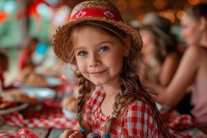 Families enjoying a picnic in the sunshine, wearing red and white outfits to commemorate Canada Day. photo