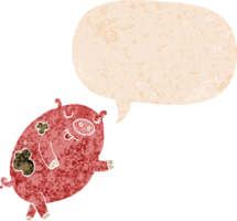 cartoon dancing pig with speech bubble in grunge distressed retro textured style png