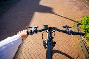 Cyclist woman riding in a sunny summer park, first-person view photo
