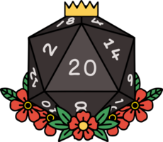 Retro Tattoo Style natural 20 D20 dice roll with floral elements png