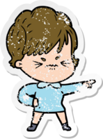 distressed sticker of a cartoon frustrated woman png