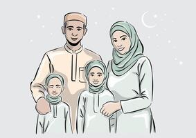 asiático musulmán familia en tradicional árabe vestir vector