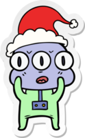 hand drawn sticker cartoon of a three eyed alien wearing santa hat png