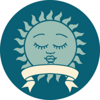 icône de style tatouage avec bannière d'un soleil avec visage png