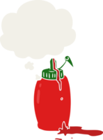 cartoon ketchup bottle with thought bubble in retro style png