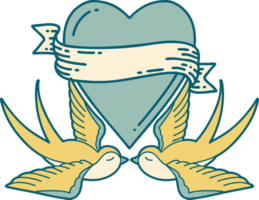 iconic tattoo style image of swallows and a heart with banner png