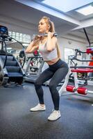 joven mujer sostiene pesas en su manos y trabajos fuera en el gimnasio ejecutando un ejercicio. alto calidad foto