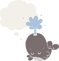 cartoon spouting whale with thought bubble in retro style png