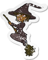 retro distressed sticker of a cartoon witch riding broomstick png