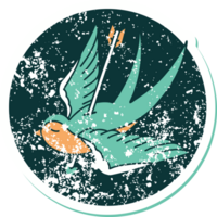 iconic distressed sticker tattoo style image of a swallow shot through with arrow png