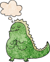 cartoon dinosaur with thought bubble in grunge texture style png