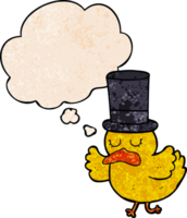cartoon duck wearing top hat with thought bubble in grunge texture style png