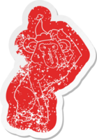 quirky cartoon distressed sticker of a chimp scratching head wearing santa hat png