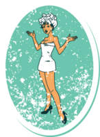 distressed sticker tattoo in traditional style of a pinup girl in towels png