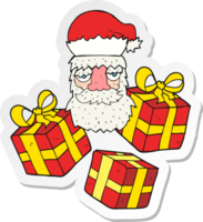 sticker of a cartoon tired santa claus face with presents png