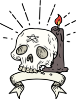 scroll banner with tattoo style spooky skull and candle png